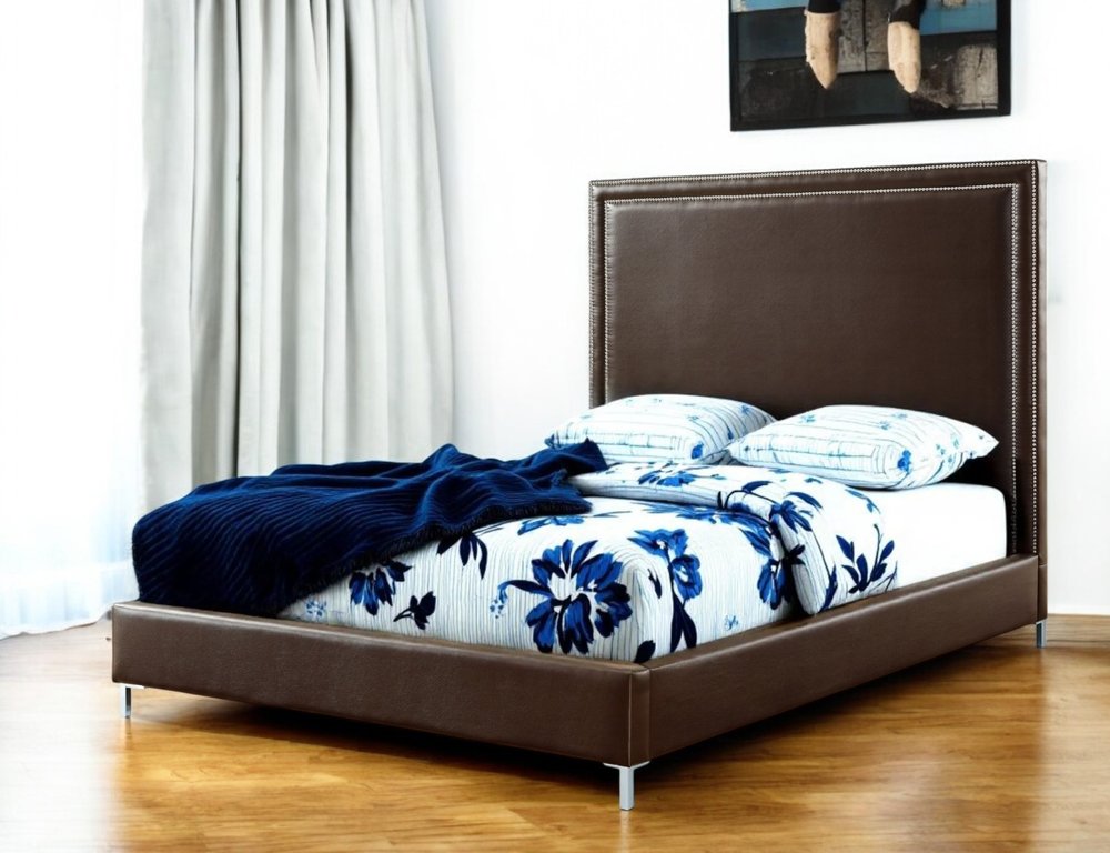 Espresso Solid Wood King Upholstered Faux Leather Bed with Nailhead Trim