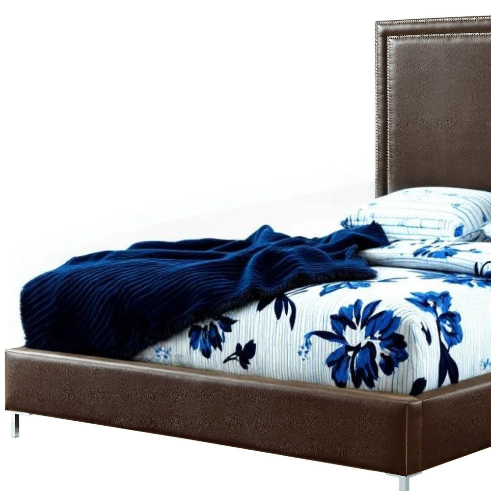 Espresso Solid Wood King Upholstered Faux Leather Bed with Nailhead Trim