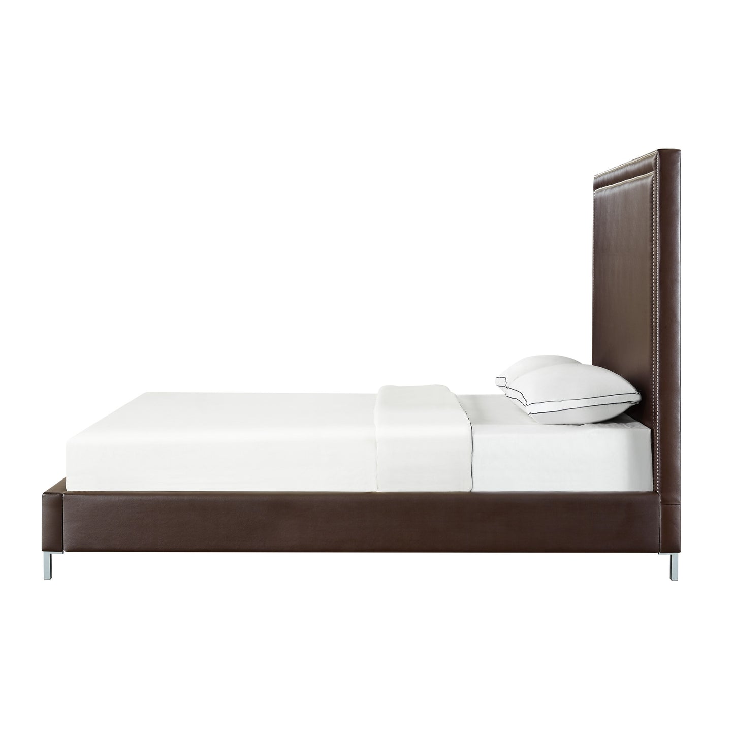 Espresso Solid Wood King Upholstered Faux Leather Bed with Nailhead Trim
