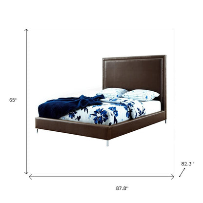 Espresso Solid Wood King Upholstered Faux Leather Bed with Nailhead Trim