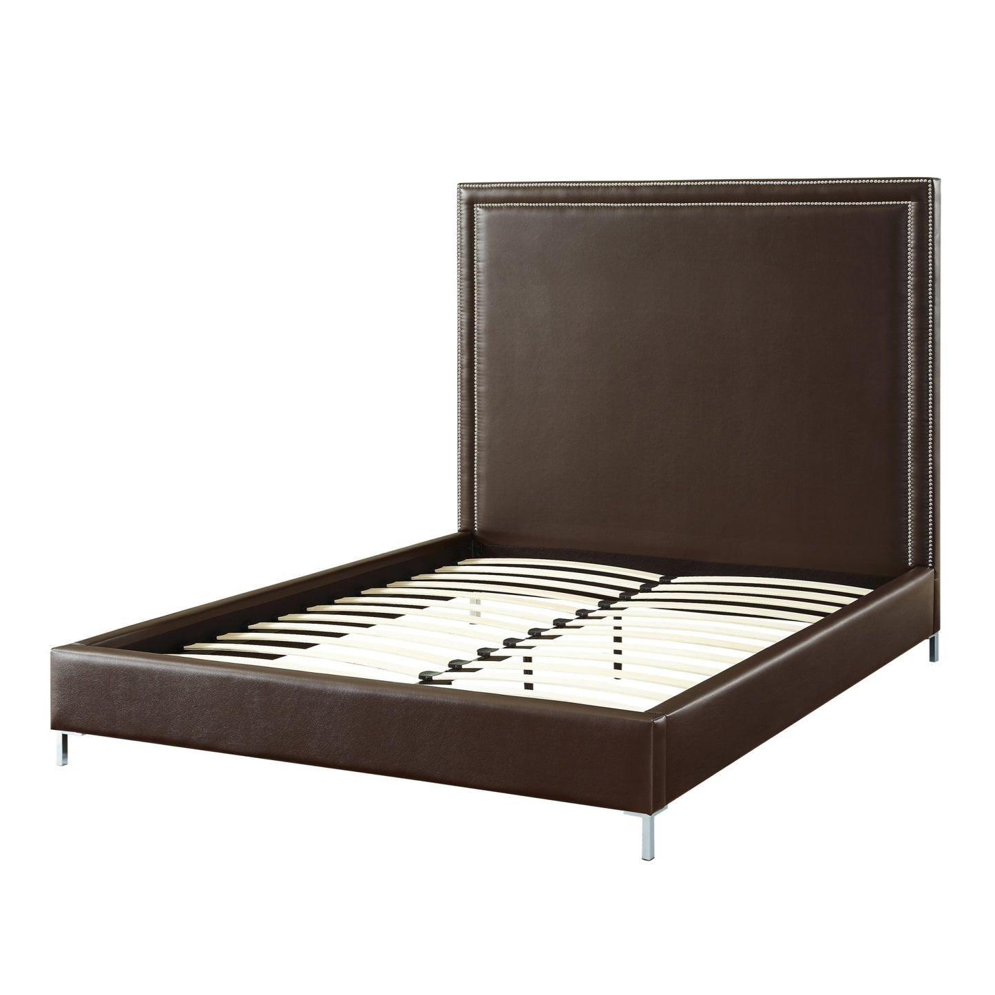 Espresso Solid Wood King Upholstered Faux Leather Bed with Nailhead Trim