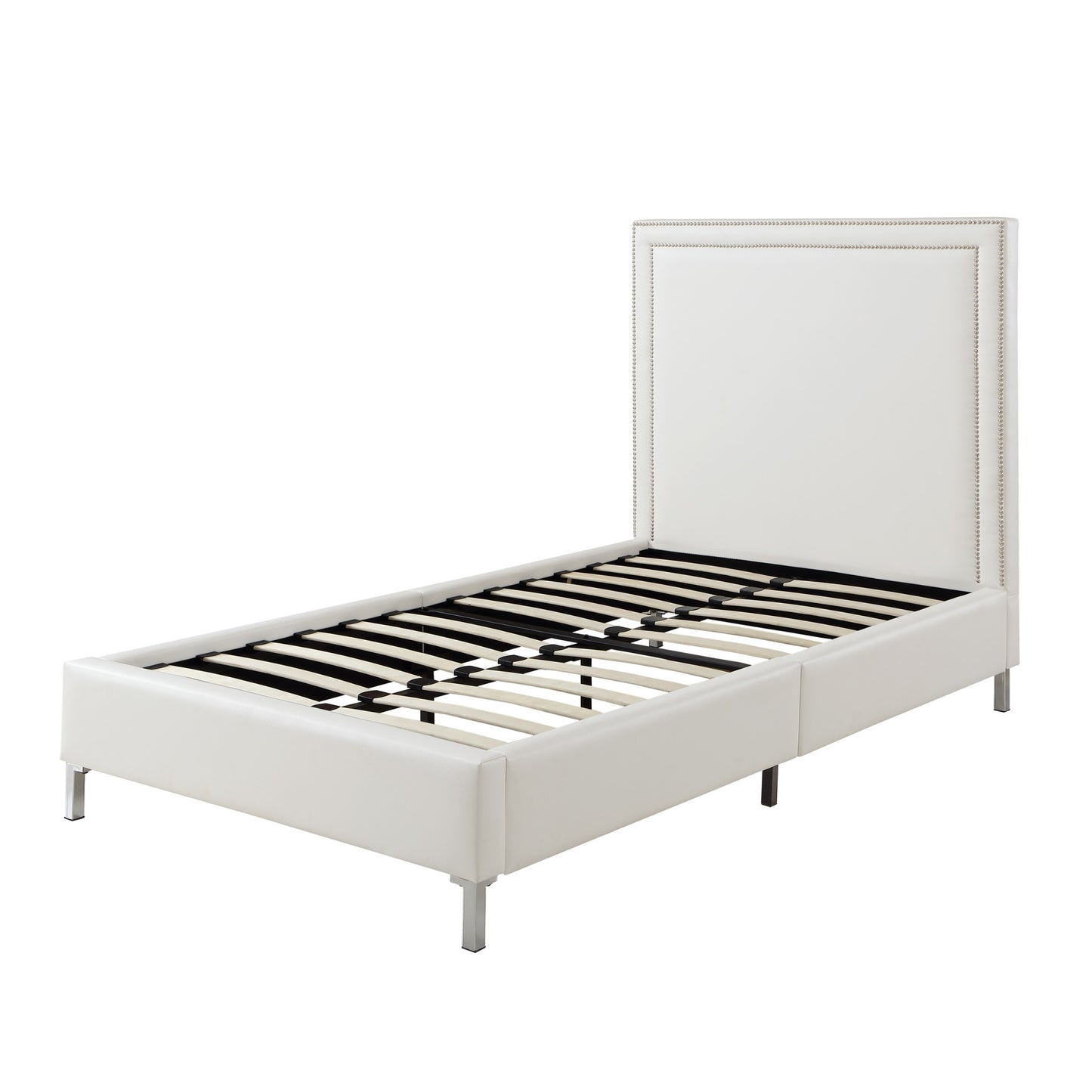 White Solid Wood Twin Upholstered Faux Leather Bed Frame with Nailhead Trim