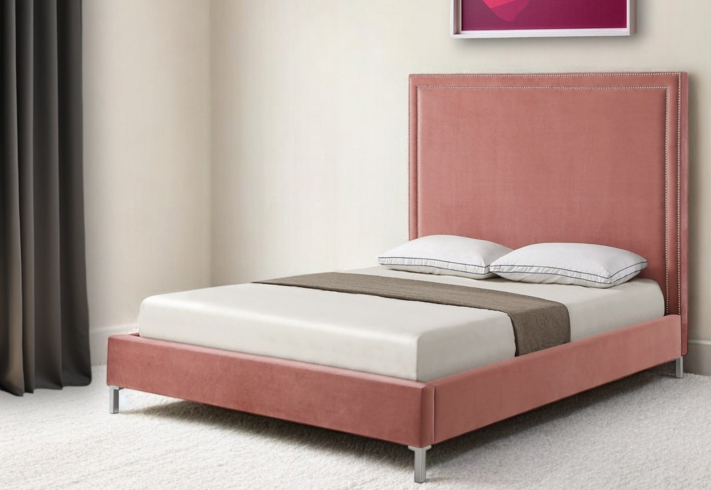 Blush Solid Wood Queen Upholstered Velvet Bed with Nailhead Trim