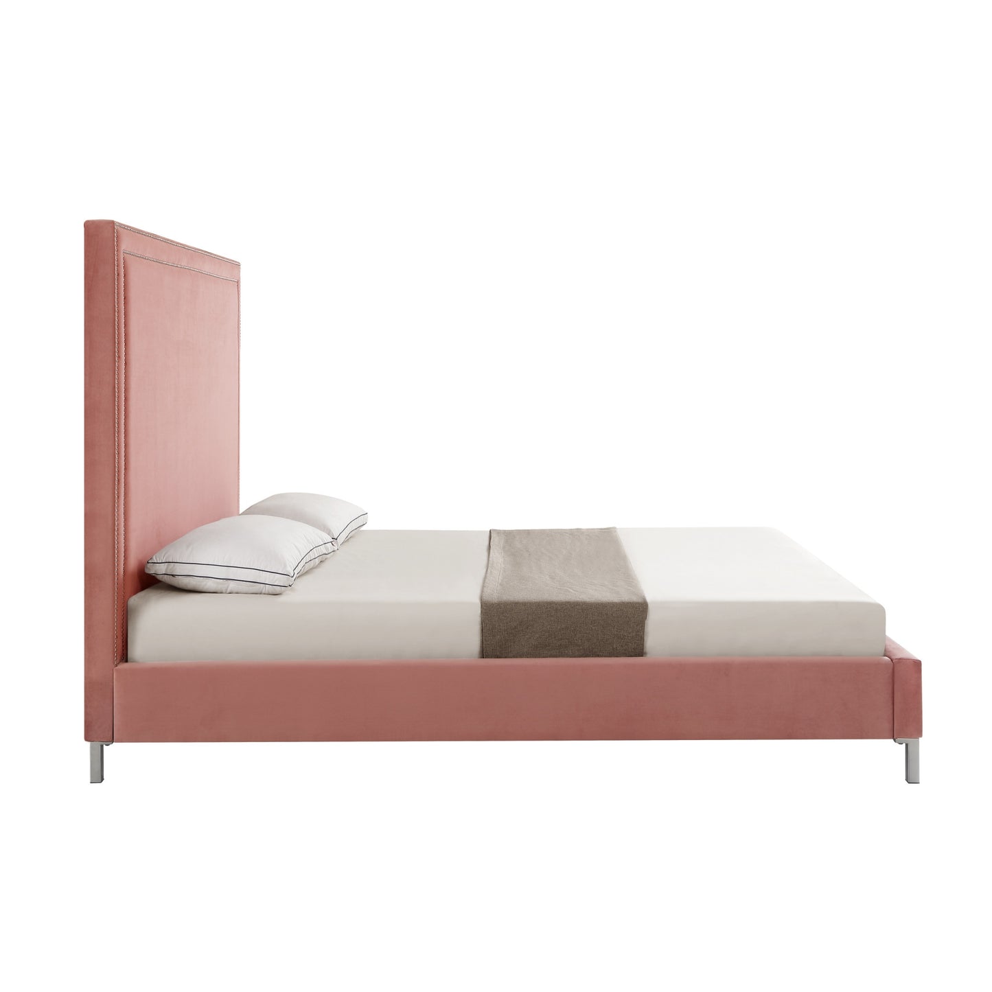 Blush Solid Wood Queen Upholstered Velvet Bed with Nailhead Trim