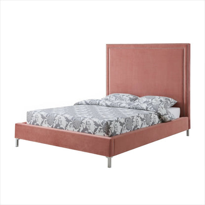 Blush Solid Wood Queen Upholstered Velvet Bed with Nailhead Trim