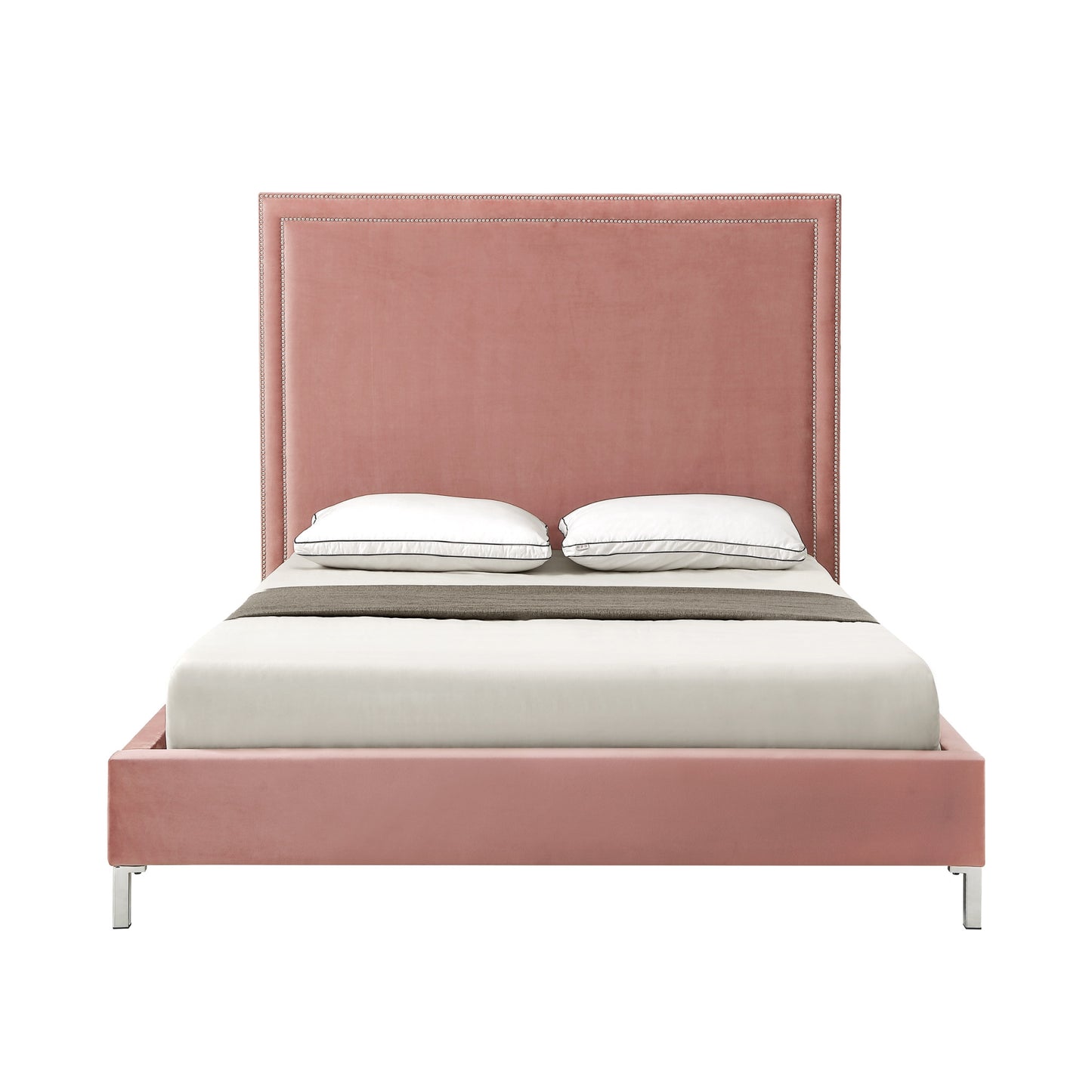Blush Solid Wood Queen Upholstered Velvet Bed with Nailhead Trim