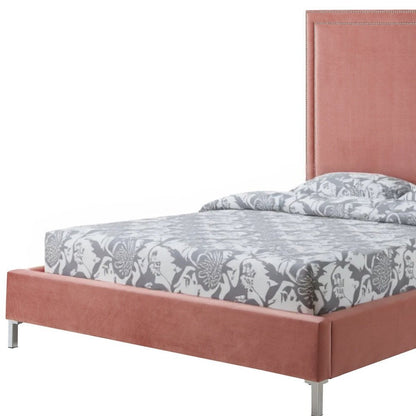 Blush Solid Wood Queen Upholstered Velvet Bed with Nailhead Trim