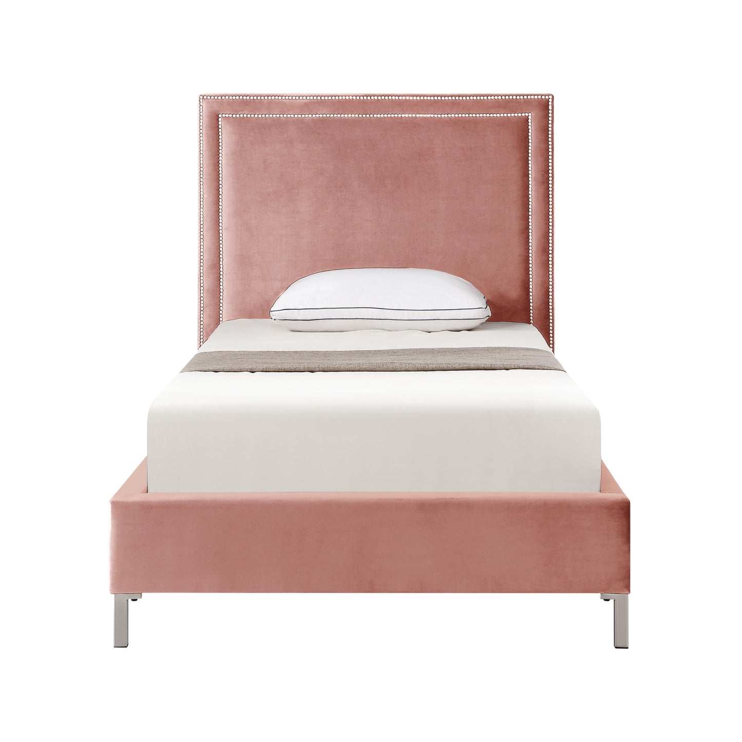 Blush Solid Wood Twin Upholstered Velvet Bed with Nailhead Trim