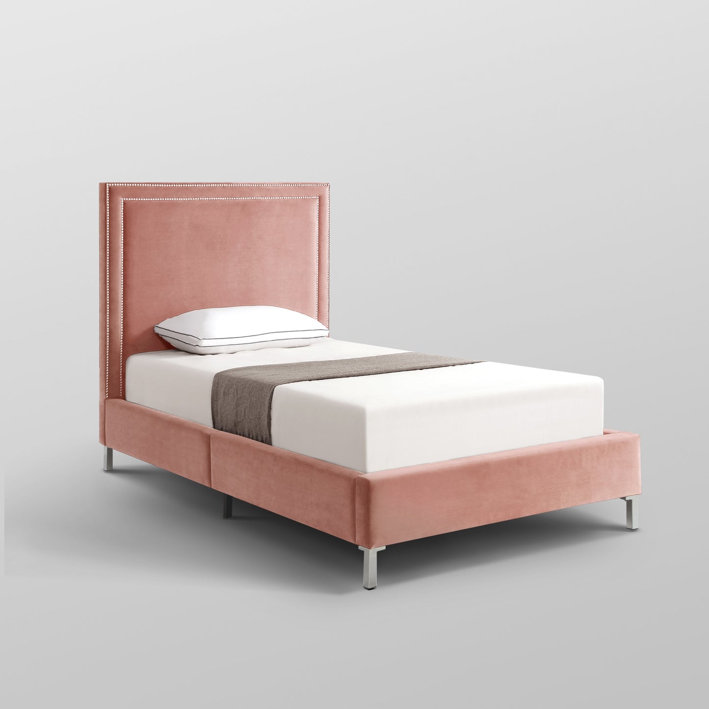 Blush Solid Wood Twin Upholstered Velvet Bed with Nailhead Trim