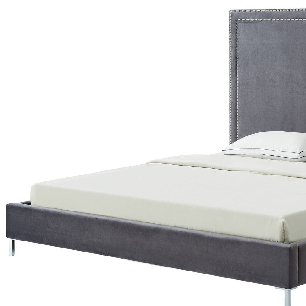 Gray Solid Wood King Upholstered Velvet Bed with Nailhead Trim