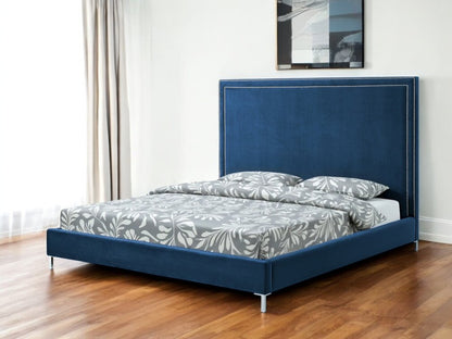 Navy Blue Solid Wood King Upholstered Velvet Bed with Nailhead Trim