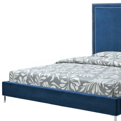 Navy Blue Solid Wood King Upholstered Velvet Bed with Nailhead Trim