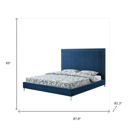 Navy Blue Solid Wood King Upholstered Velvet Bed with Nailhead Trim