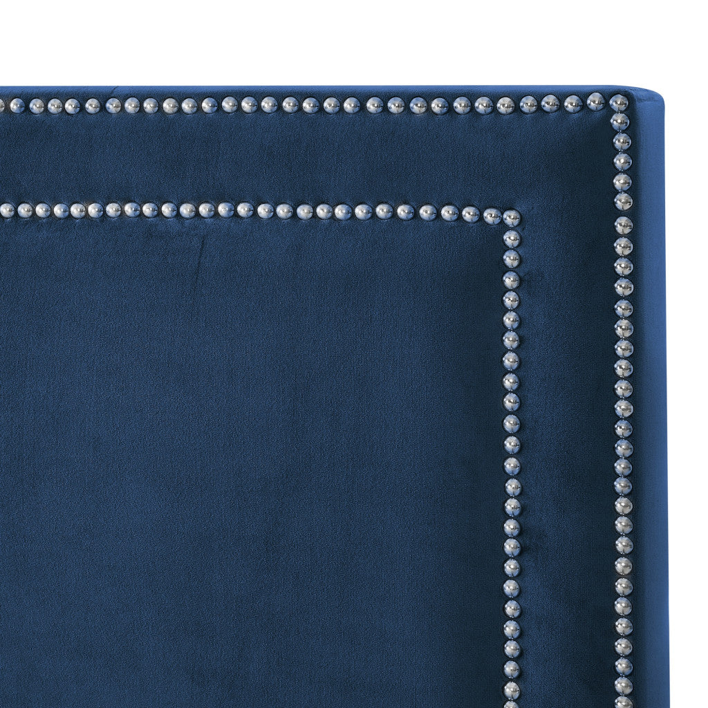 Navy Blue Solid Wood King Upholstered Velvet Bed with Nailhead Trim