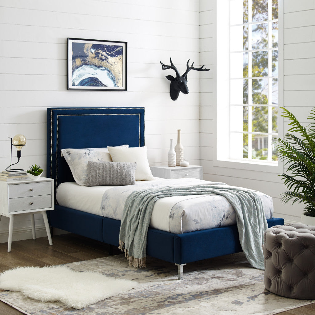 Navy Blue Solid Wood Twin Upholstered Velvet Bed with Nailhead Trim
