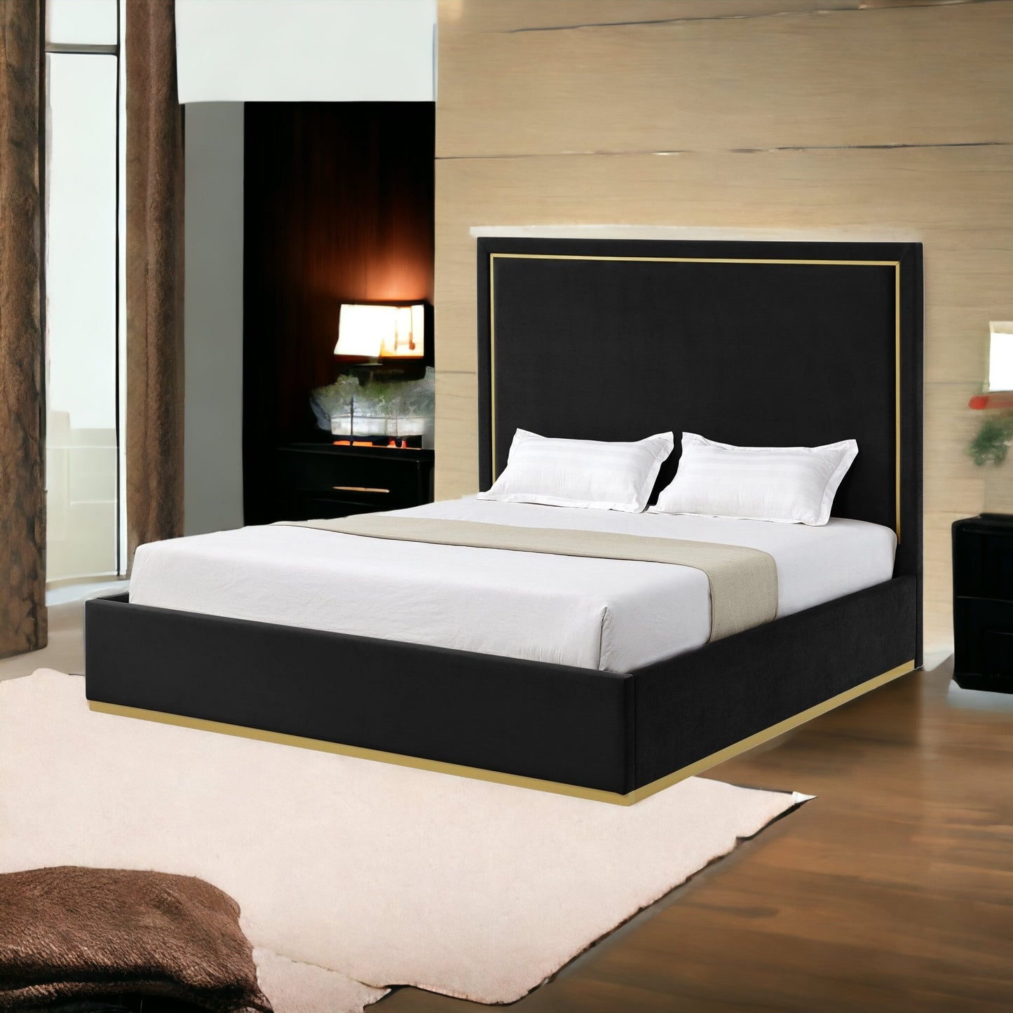 Black Solid Wood King Upholstered Velvet Bed