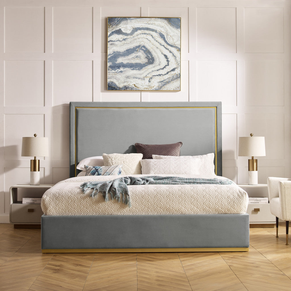 Gray Solid Wood King Upholstered Velvet Bed