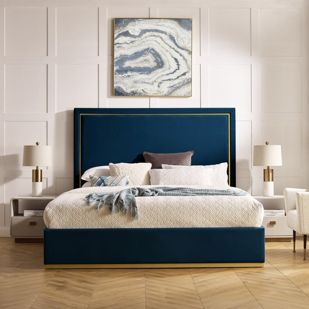 Navy Blue Solid Wood King Upholstered Velvet Bed