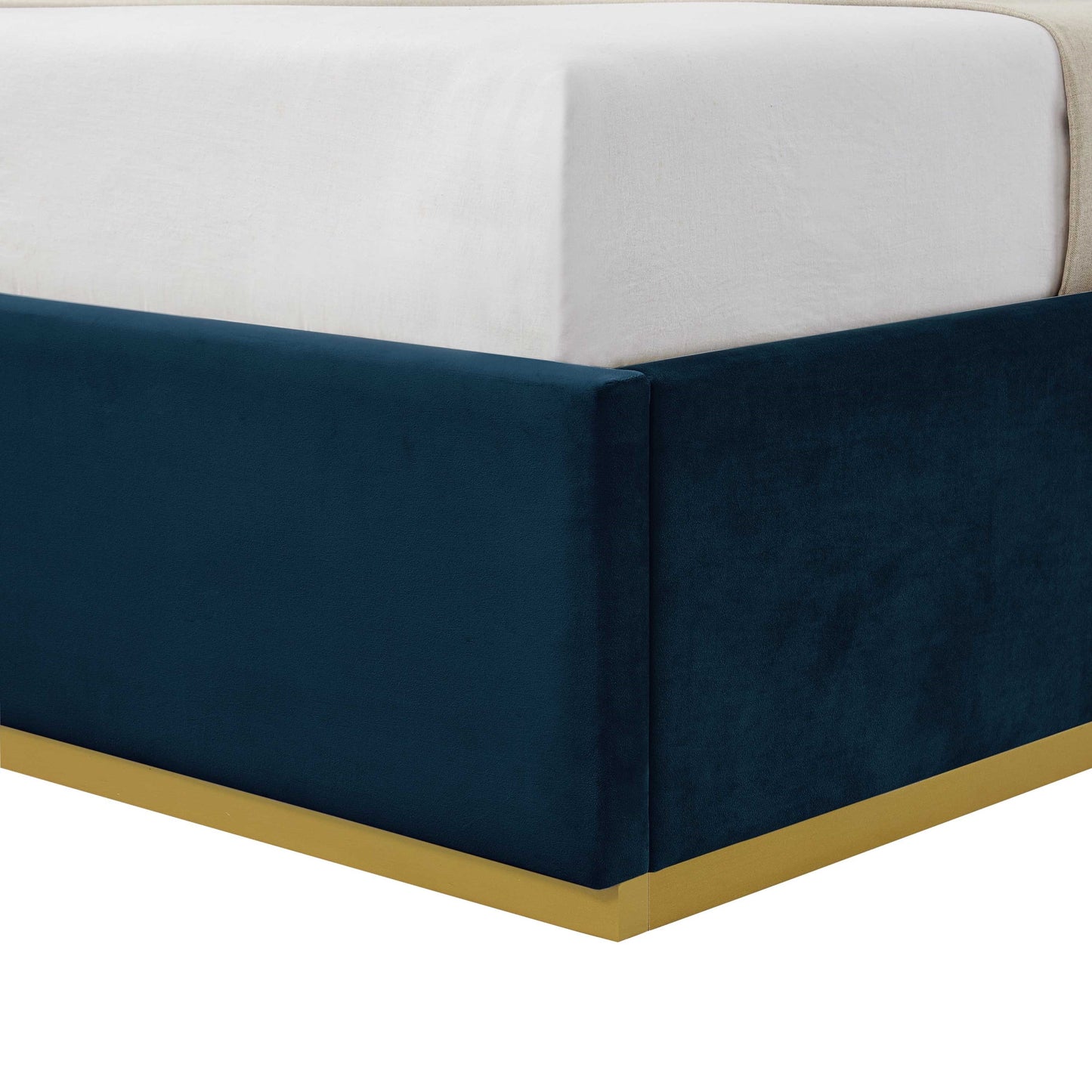 Navy Blue Solid Wood King Upholstered Velvet Bed