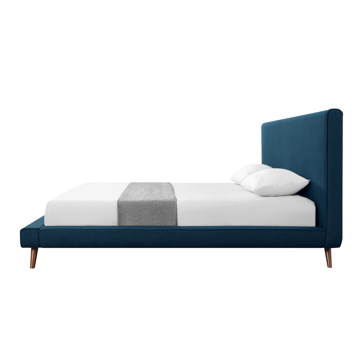 Denim Blue Solid Wood King Upholstered Linen Bed