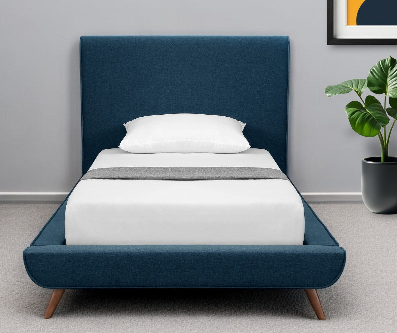 Denim Blue Solid Wood Twin Upholstered Linen Bed