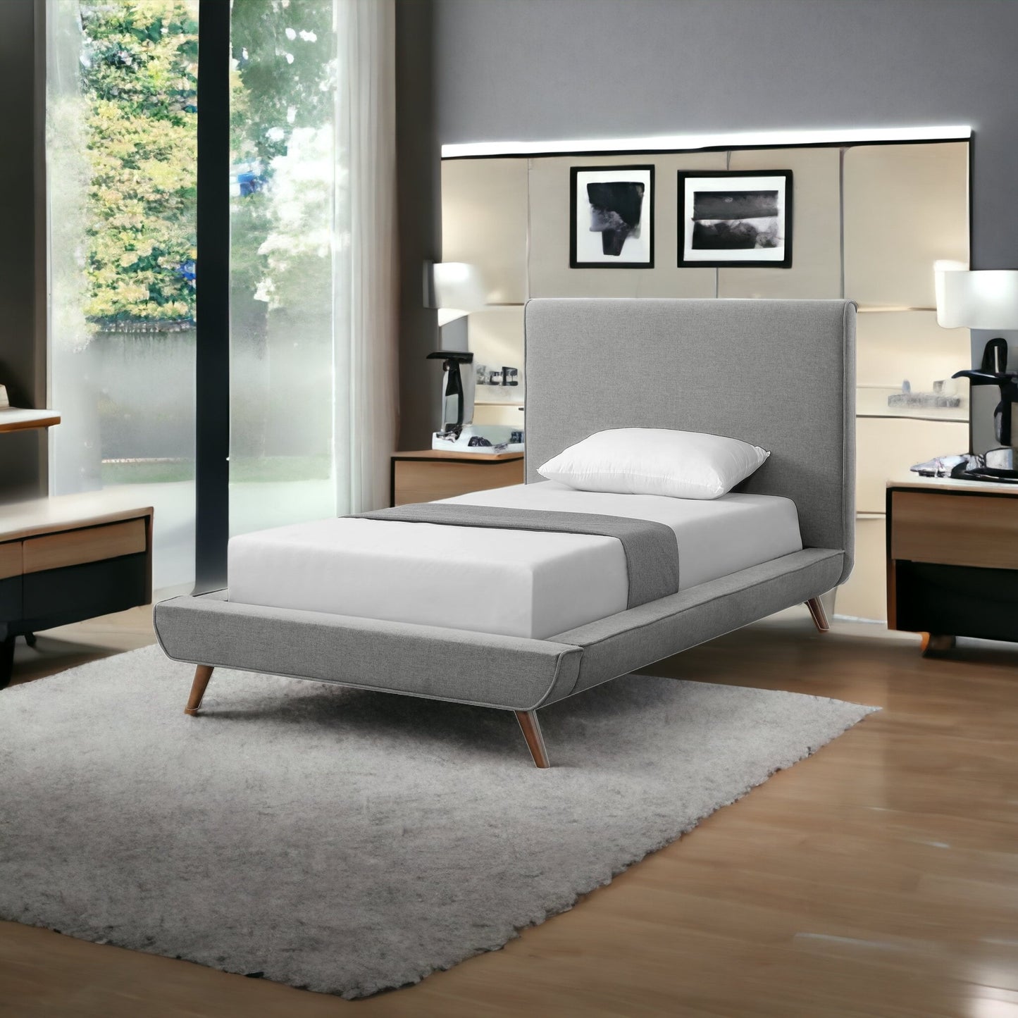 Gray Solid Wood Twin Upholstered Linen Bed