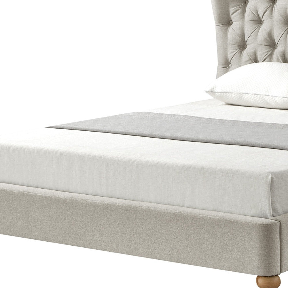 Beige Solid Wood Queen Tufted Upholstered Linen Bed