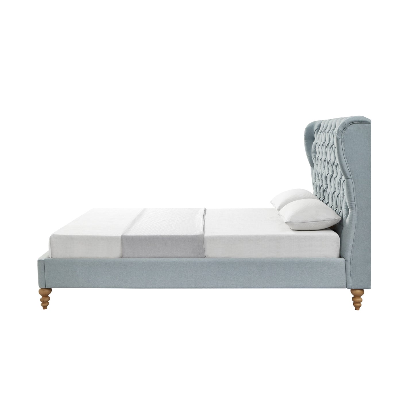 Blue Solid Wood King Tufted Upholstered Linen Bed