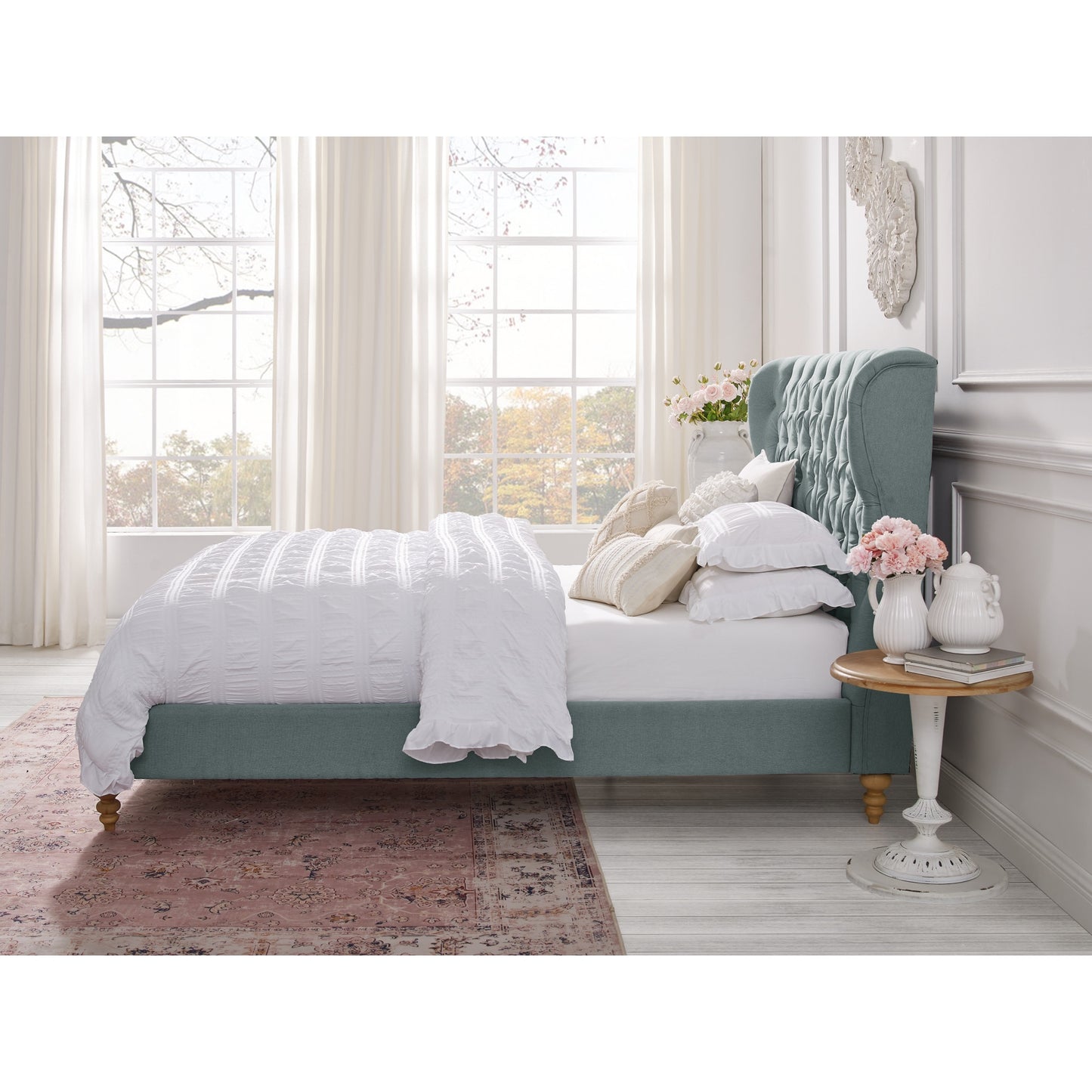 Blue Solid Wood King Tufted Upholstered Linen Bed