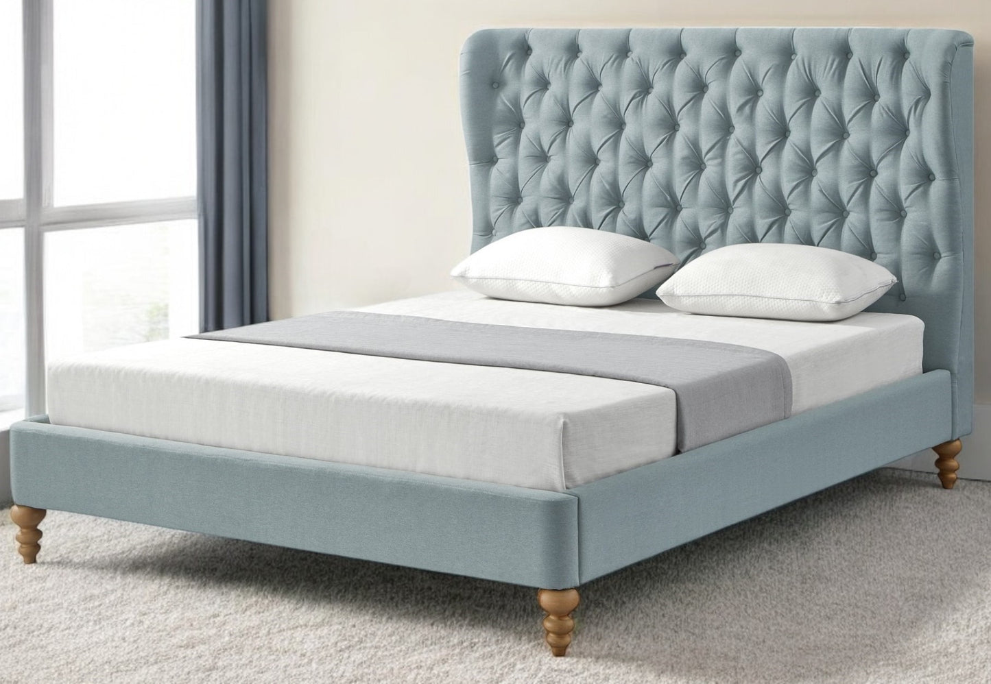 Blue Solid Wood Twin Tufted Upholstered Linen Bed