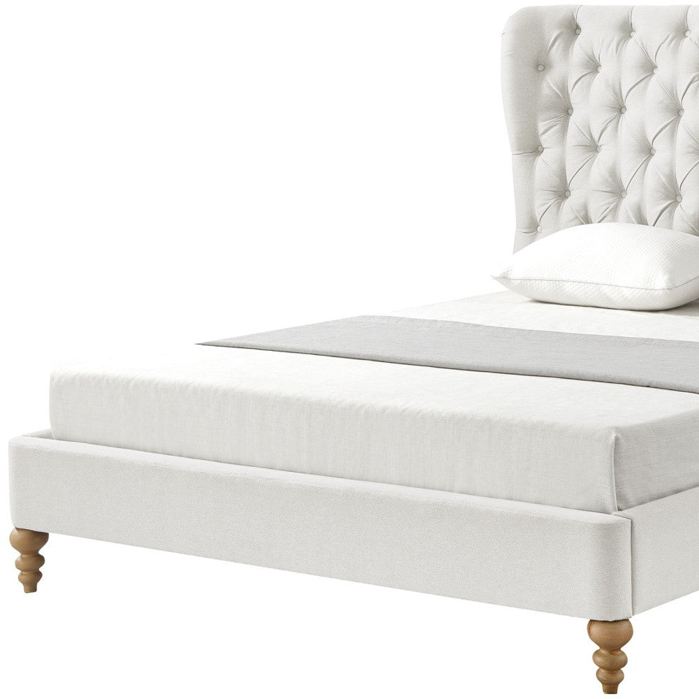 Cream Solid Wood Queen Tufted Upholstered Linen Bed
