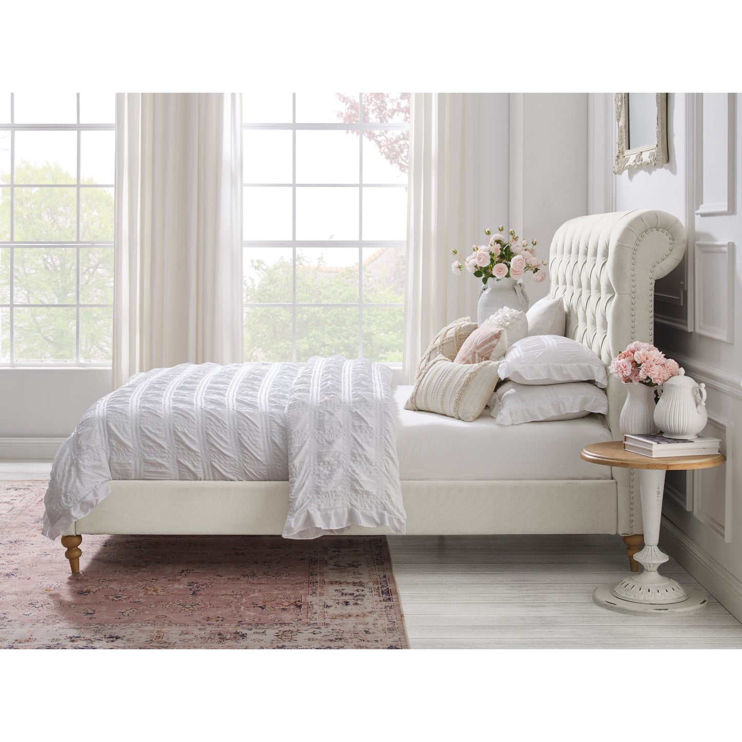 Cream Solid Wood Twin Tufted Upholstered Linen Bed with Nailhead Trim