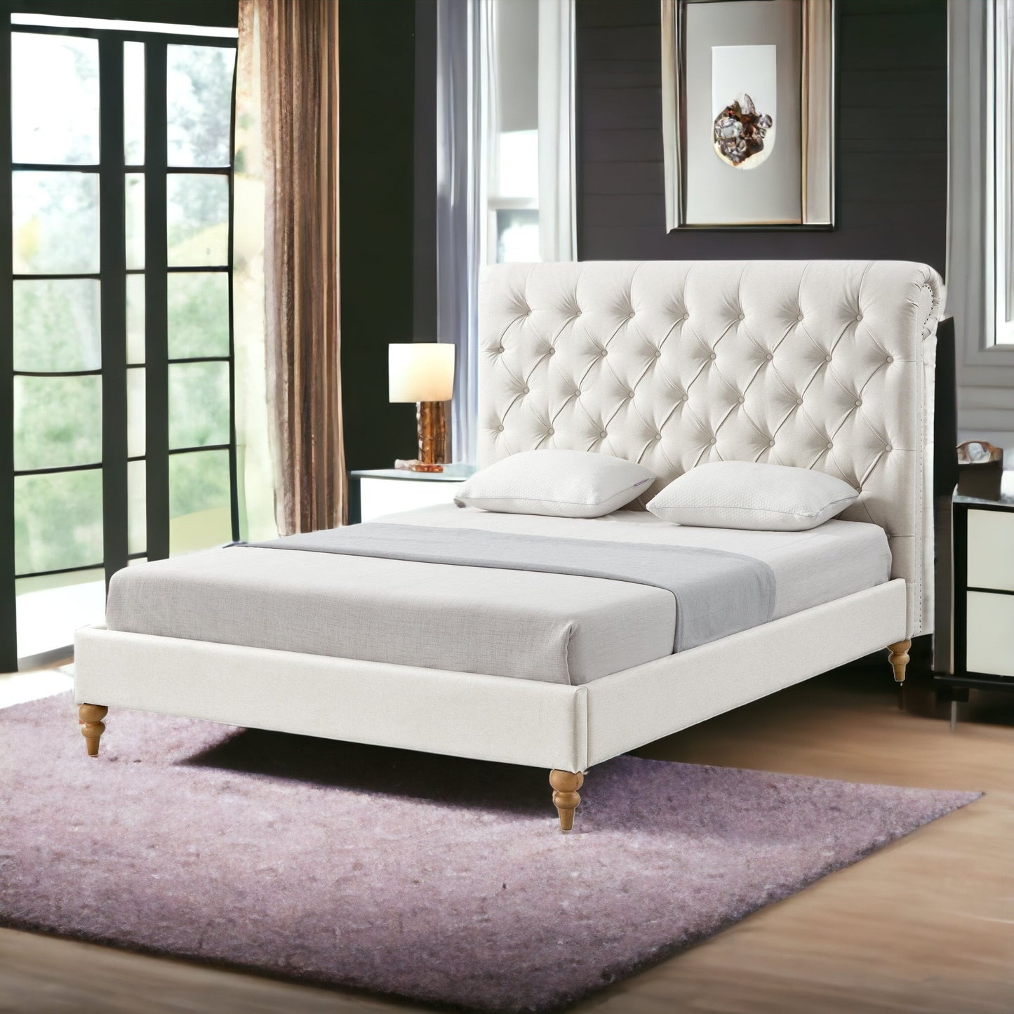 Cream Solid Wood Twin Tufted Upholstered Linen Bed with Nailhead Trim