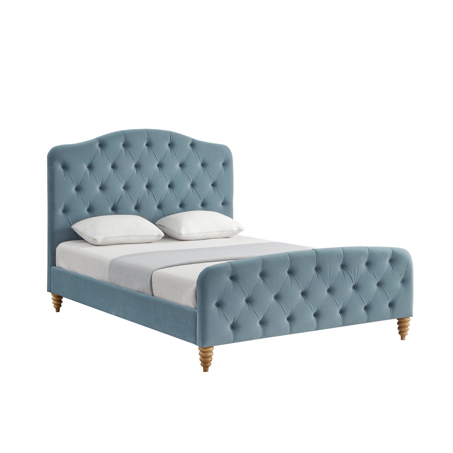 Light Blue Solid Wood King Tufted Upholstered Velvet Bed