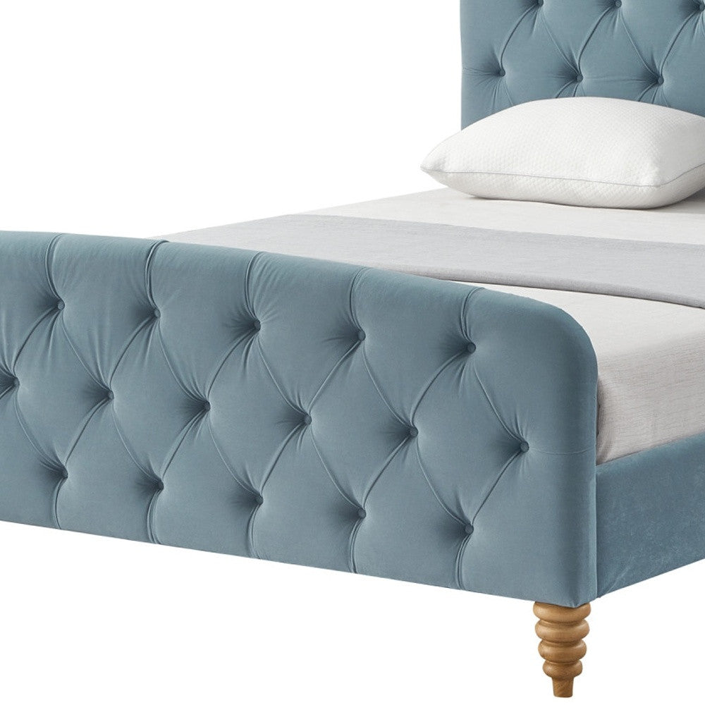 Light Blue Solid Wood Queen Tufted Upholstered Velvet Bed