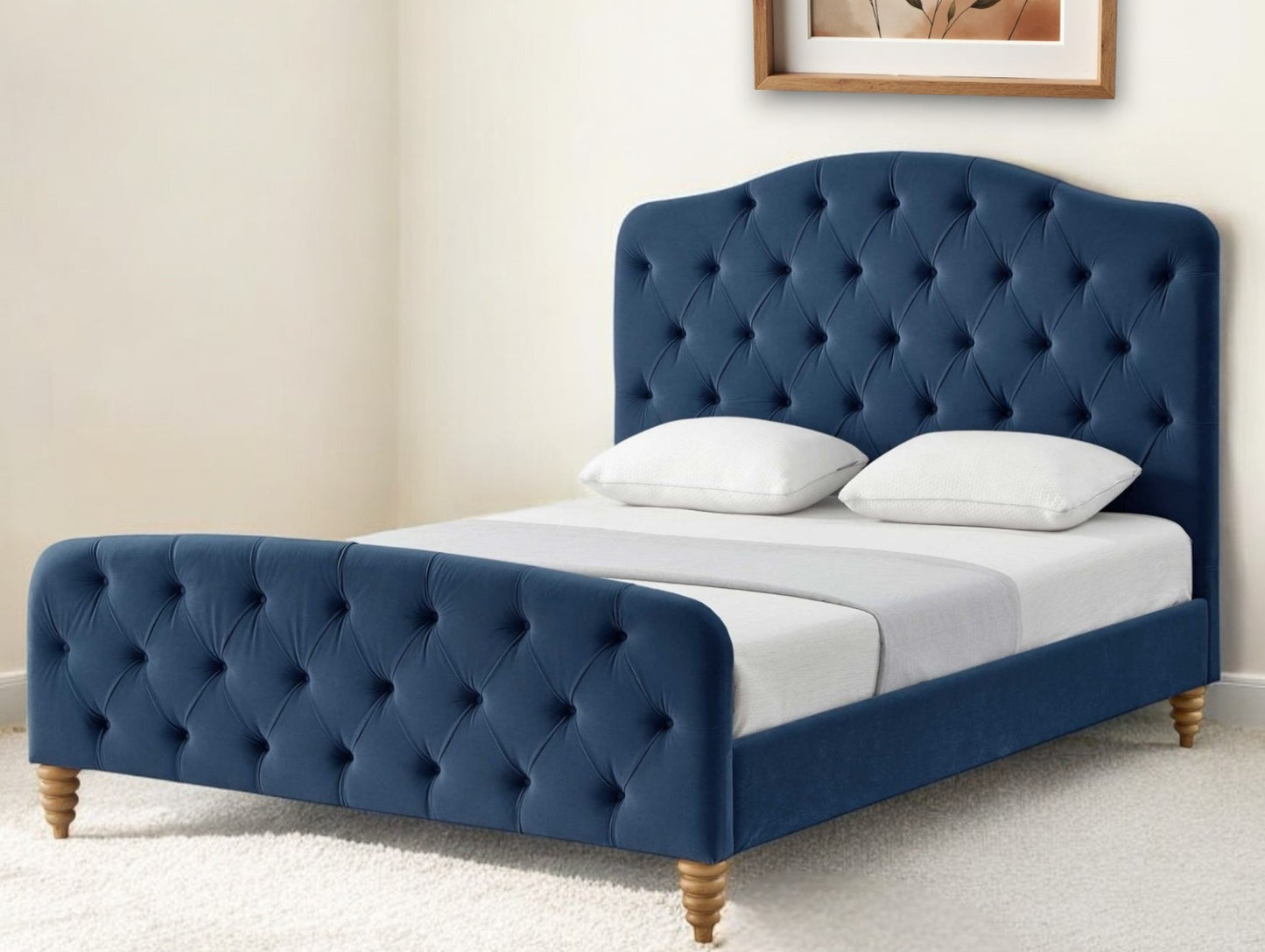 Navy Blue Solid Wood Twin Tufted Upholstered Velvet Bed