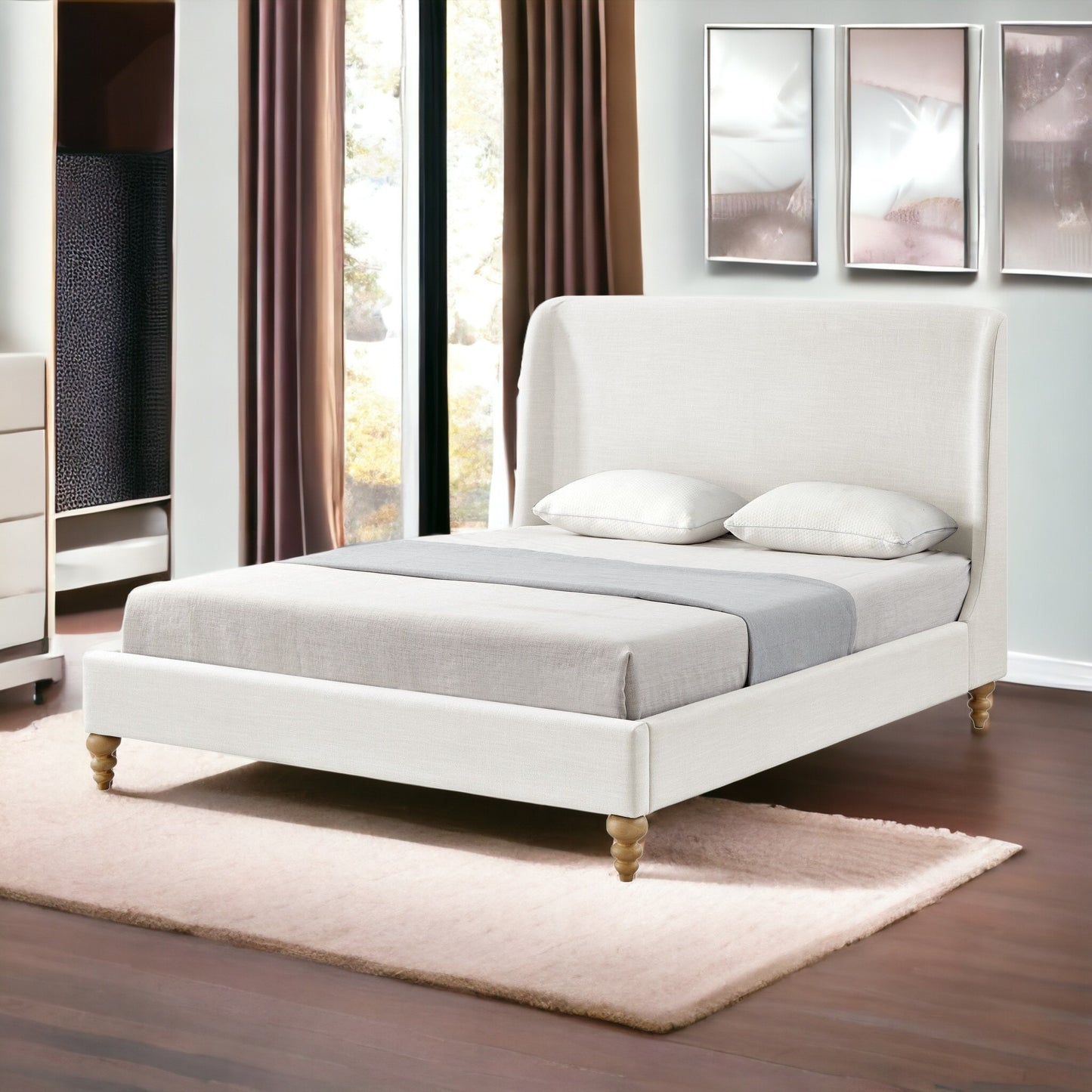 Cream Solid Wood Queen Upholstered Linen Bed