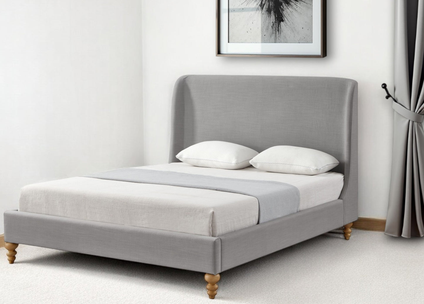 Gray Solid Wood Queen Upholstered Linen Bed