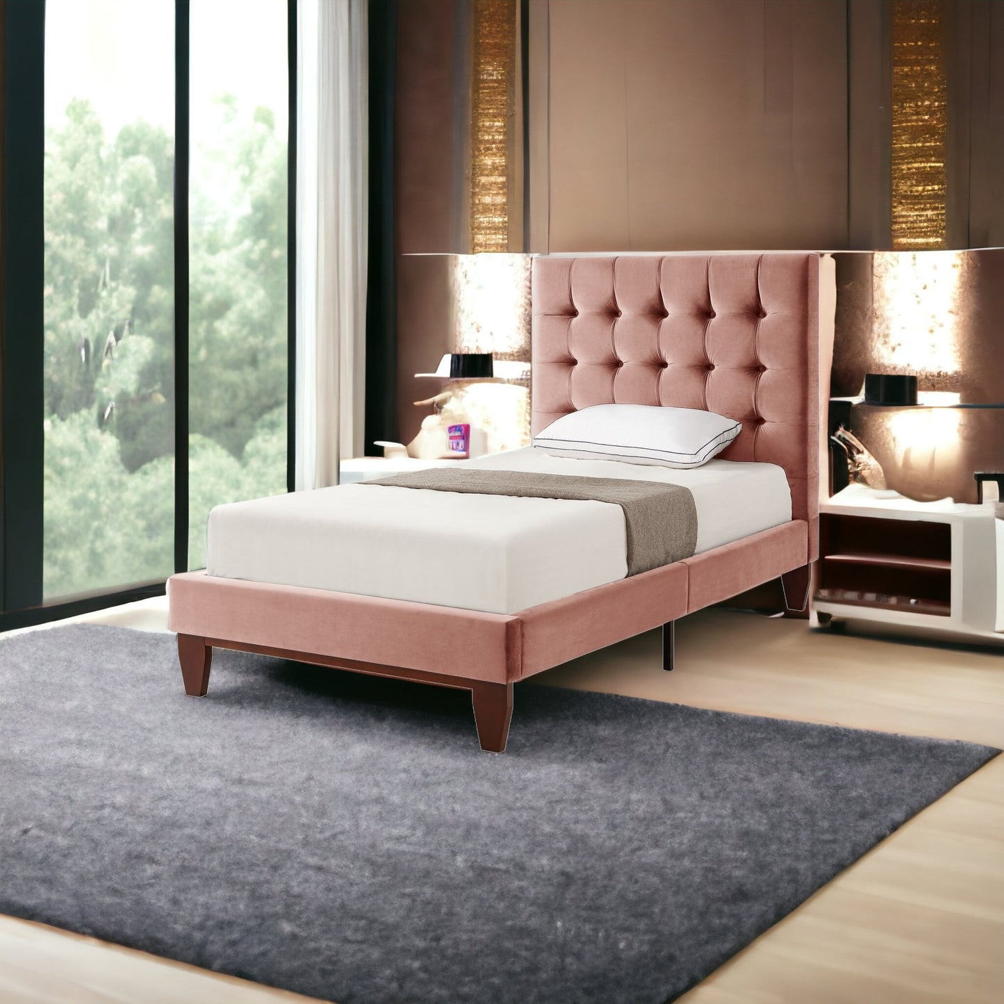 Blush Solid Wood Full Tufted Upholstered Velvet Bed