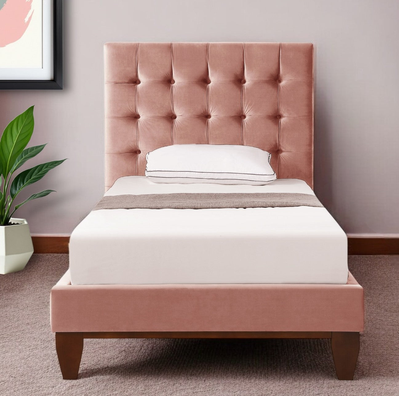 Blush Solid Wood Full Tufted Upholstered Velvet Bed