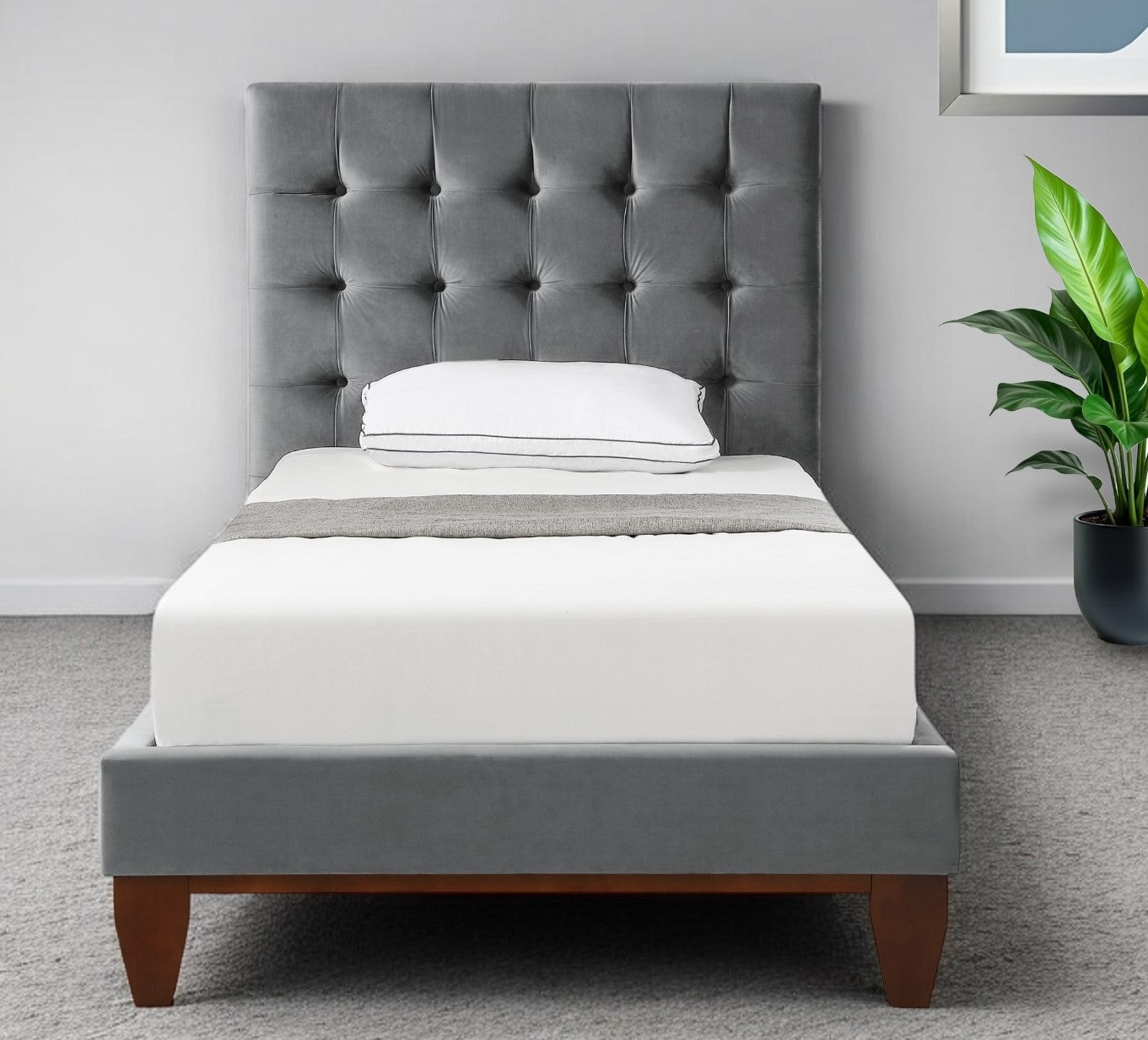 Gray Solid Wood Full Tufted Upholstered Velvet Bed