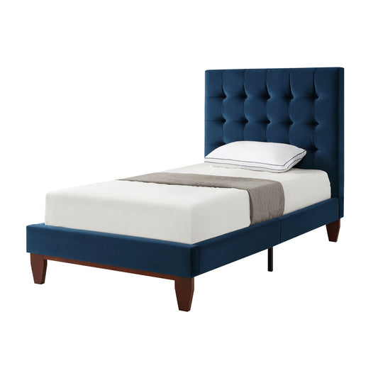 Navy Blue Solid Wood Full Tufted Upholstered Velvet Bed