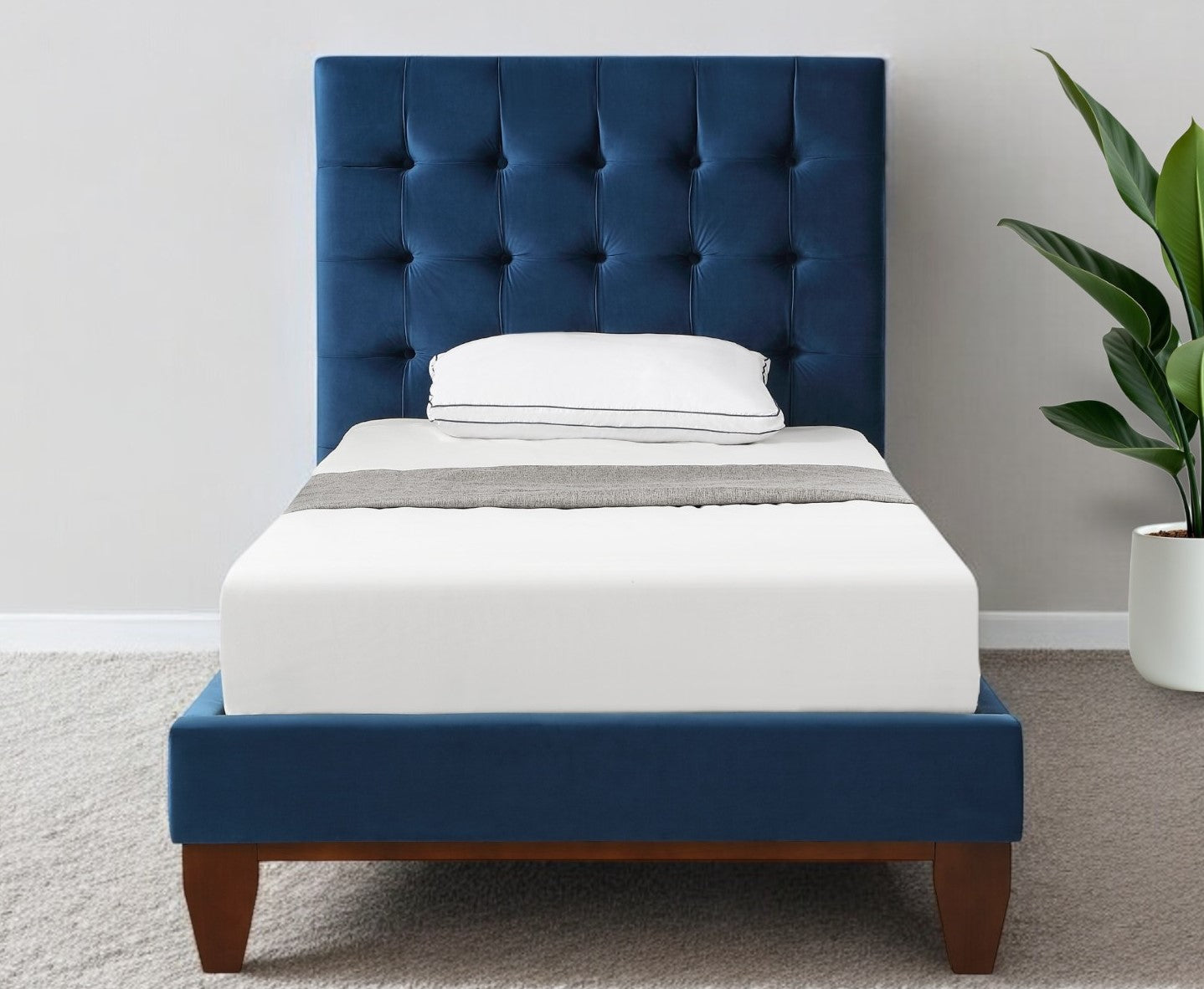 Navy Blue Solid Wood Full Tufted Upholstered Velvet Bed