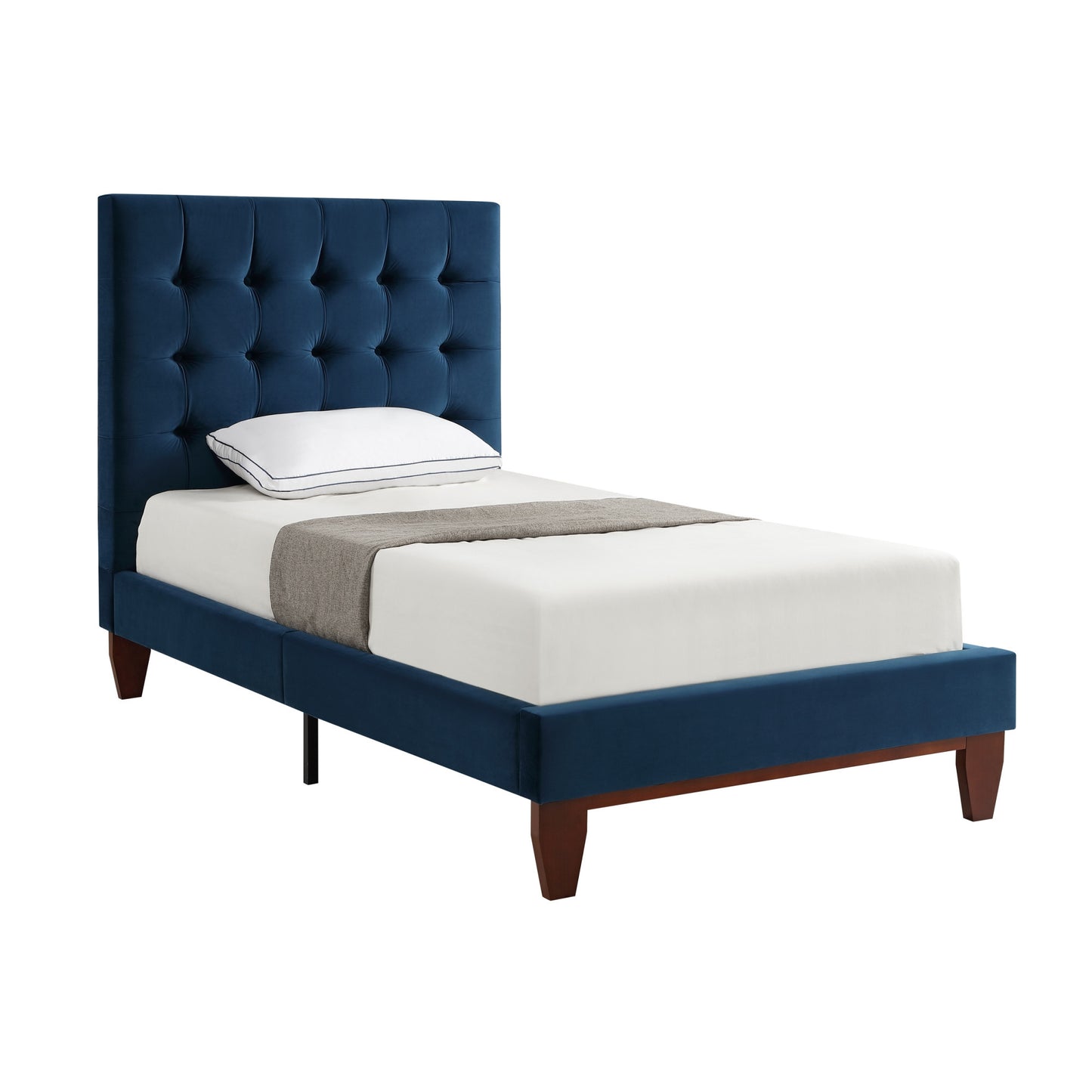 Navy Blue Solid Wood Full Tufted Upholstered Velvet Bed