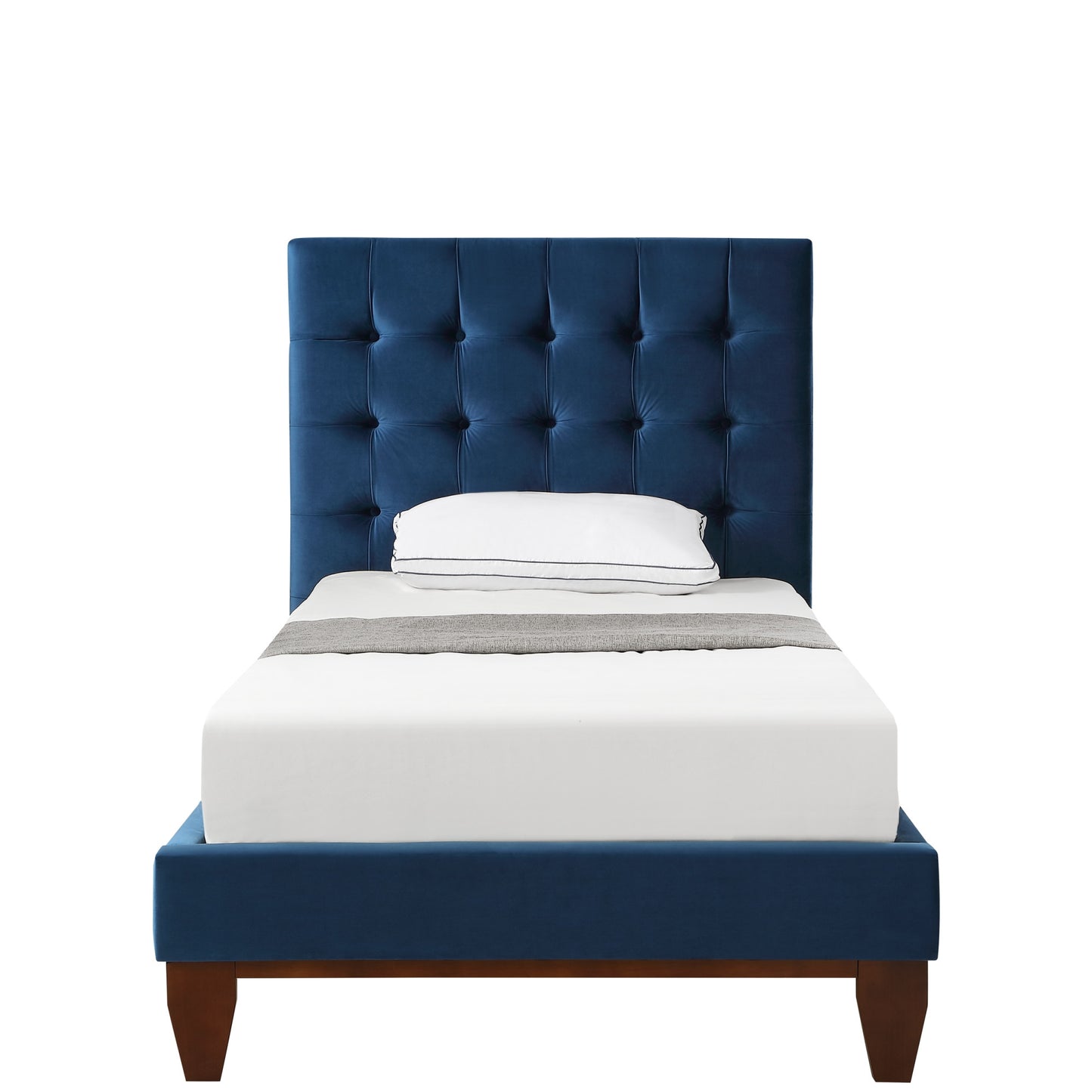 Navy Blue Solid Wood Full Tufted Upholstered Velvet Bed