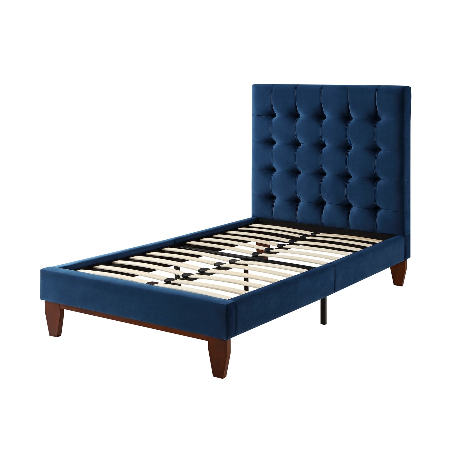 Navy Blue Solid Wood Full Tufted Upholstered Velvet Bed