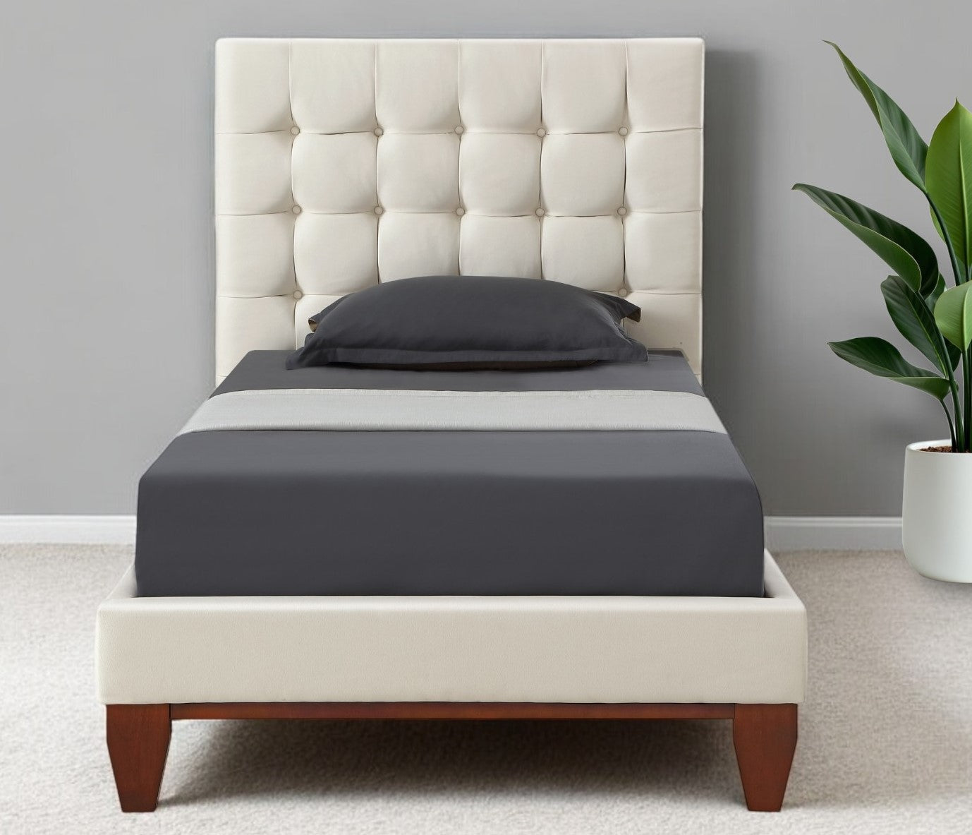 Beige Solid Wood Full Tufted Upholstered Linen Bed