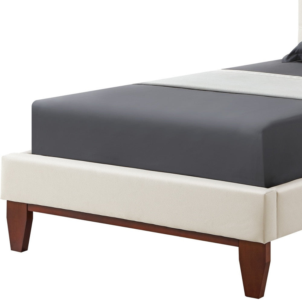 Beige Solid Wood Full Tufted Upholstered Linen Bed