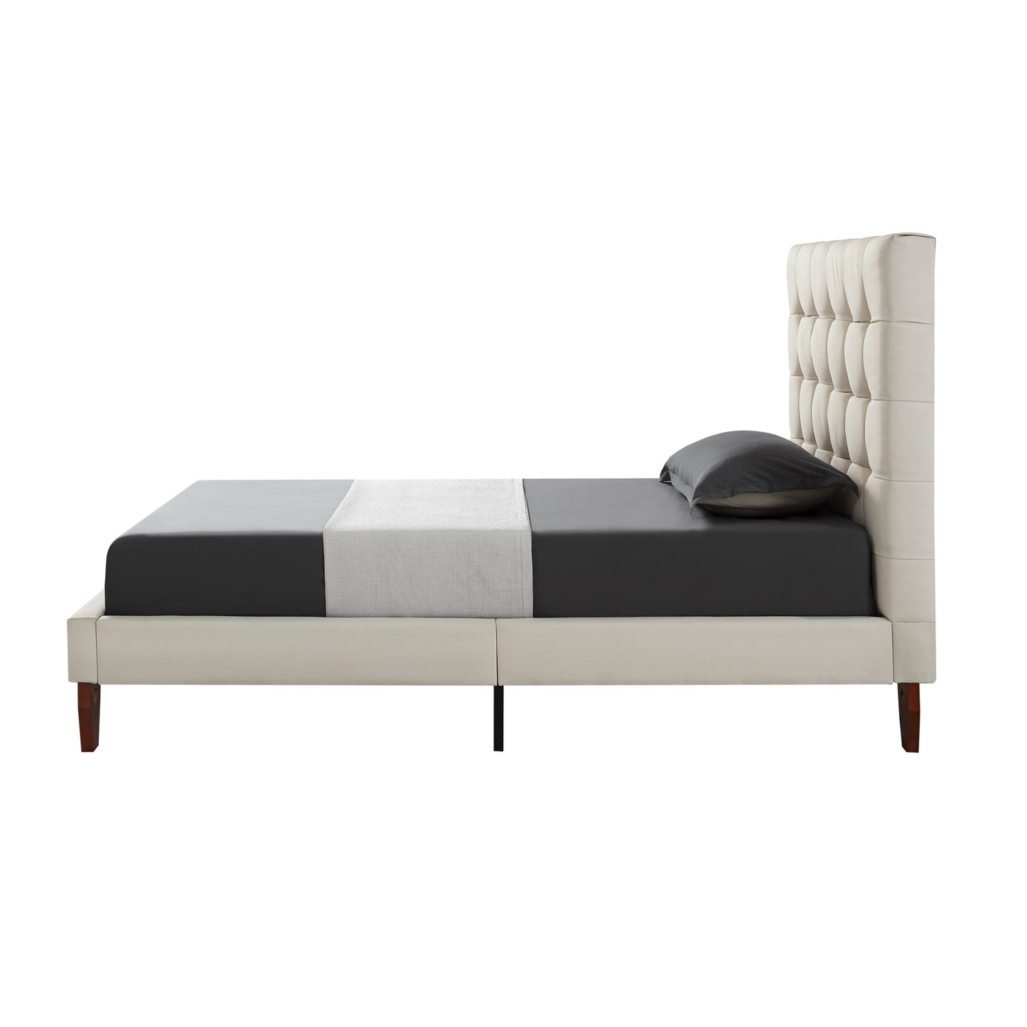 Beige Solid Wood Full Tufted Upholstered Linen Bed