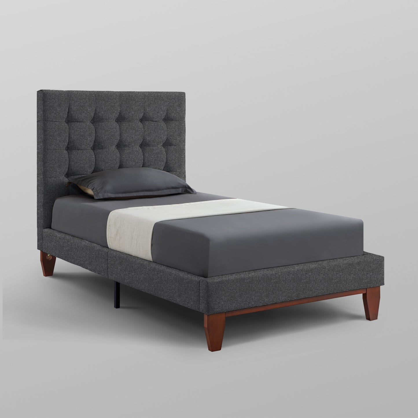 Light Gray Solid Wood Full Tufted Upholstered Linen Bed